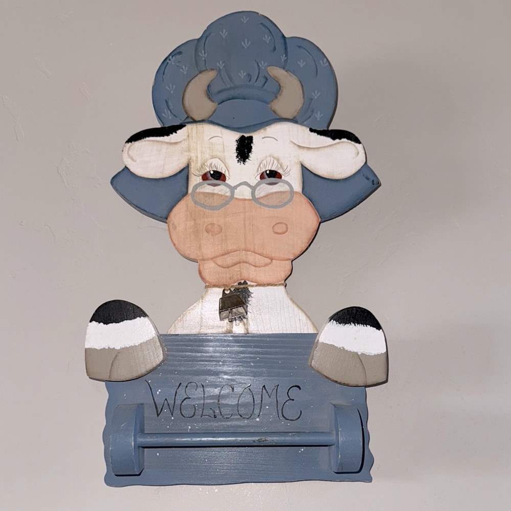 Vintage Cottage Cow Welcome Sign Towel Rack Handcrafted Tole Painting Art